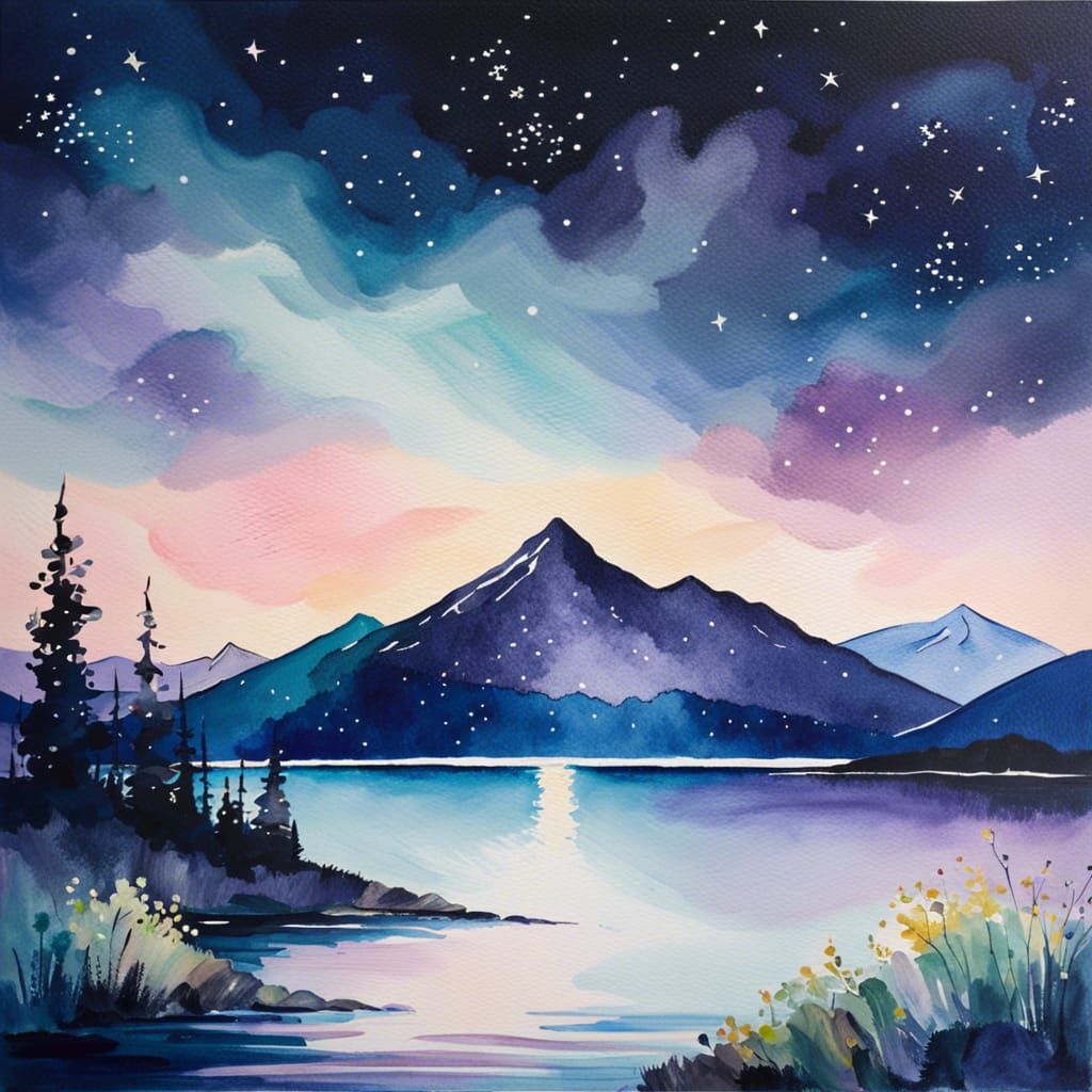 Impressionist Night Mountain Range Watercolour Painting