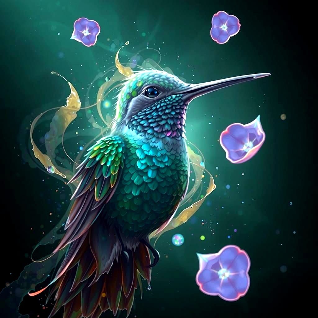 Watercolor Hummingbird in Flight: Fantasy Art