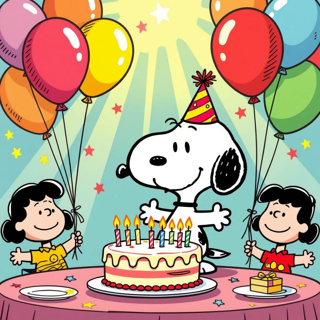 Snoopy Birthday Party Cheerful Illustration