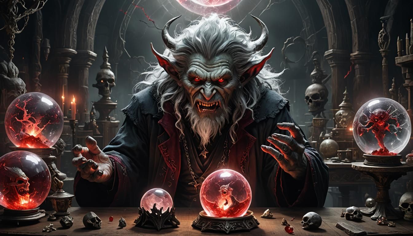 Troll Necromancer Conjuring Demon in Laboratory