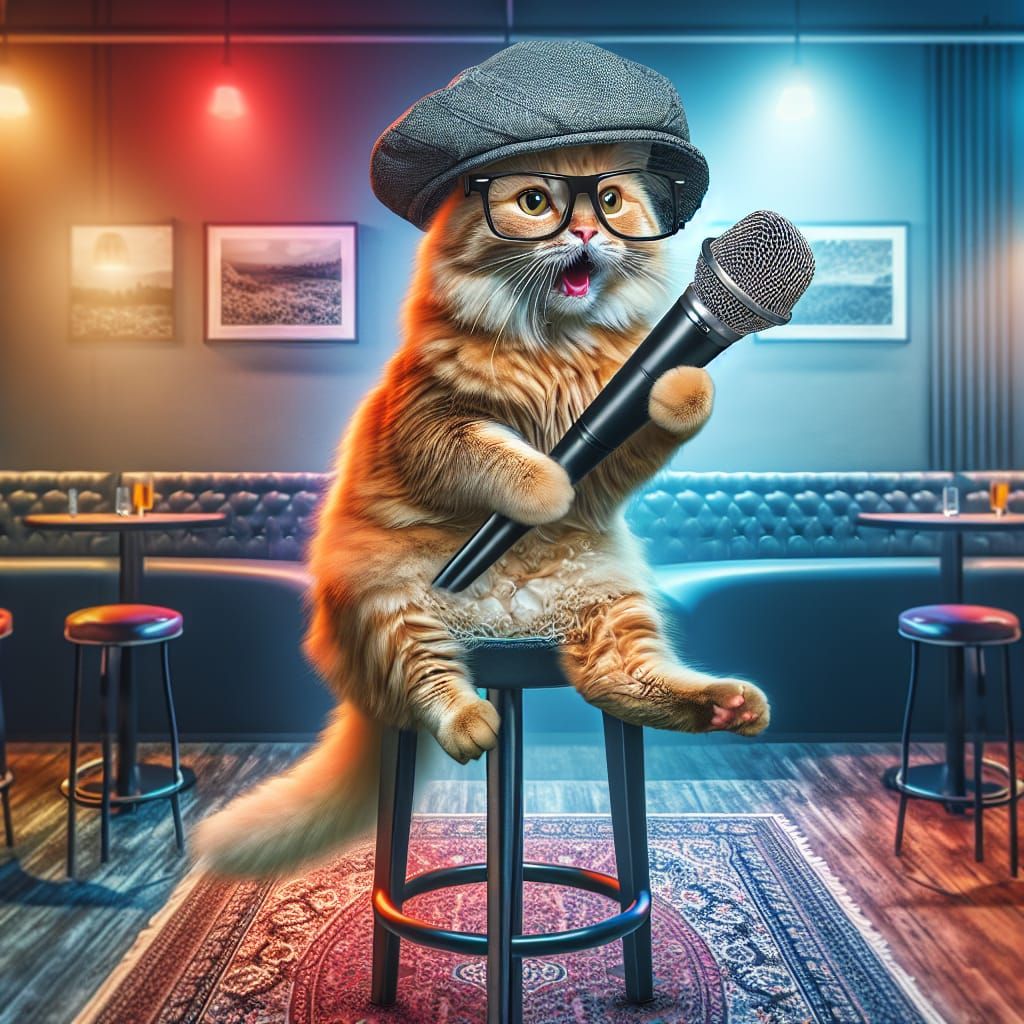 Hipster Cat Sings Karaoke: Hyperrealistic Digital Art