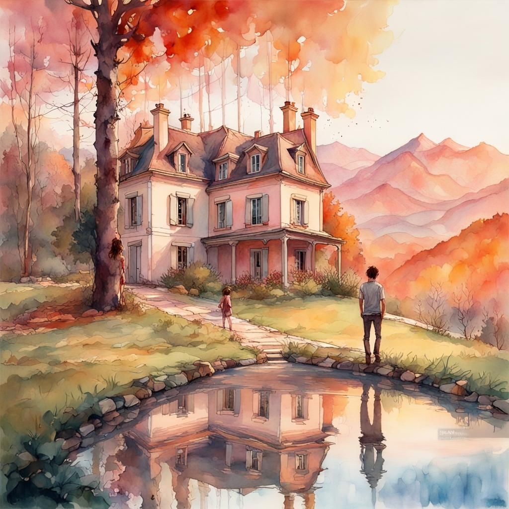 Country House with Pool: Watercolor Landscape