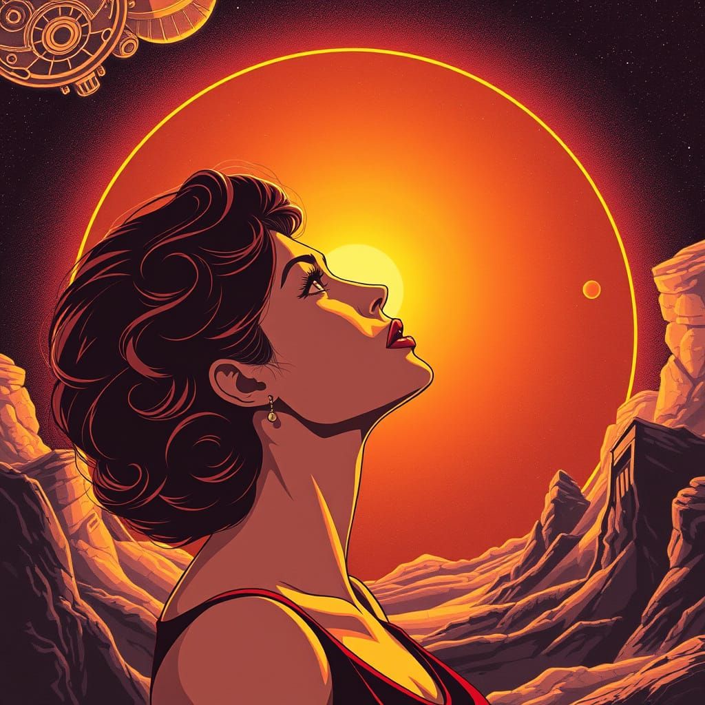 Woman Gazing at Golden Sun in Retro Sci-Fi Style