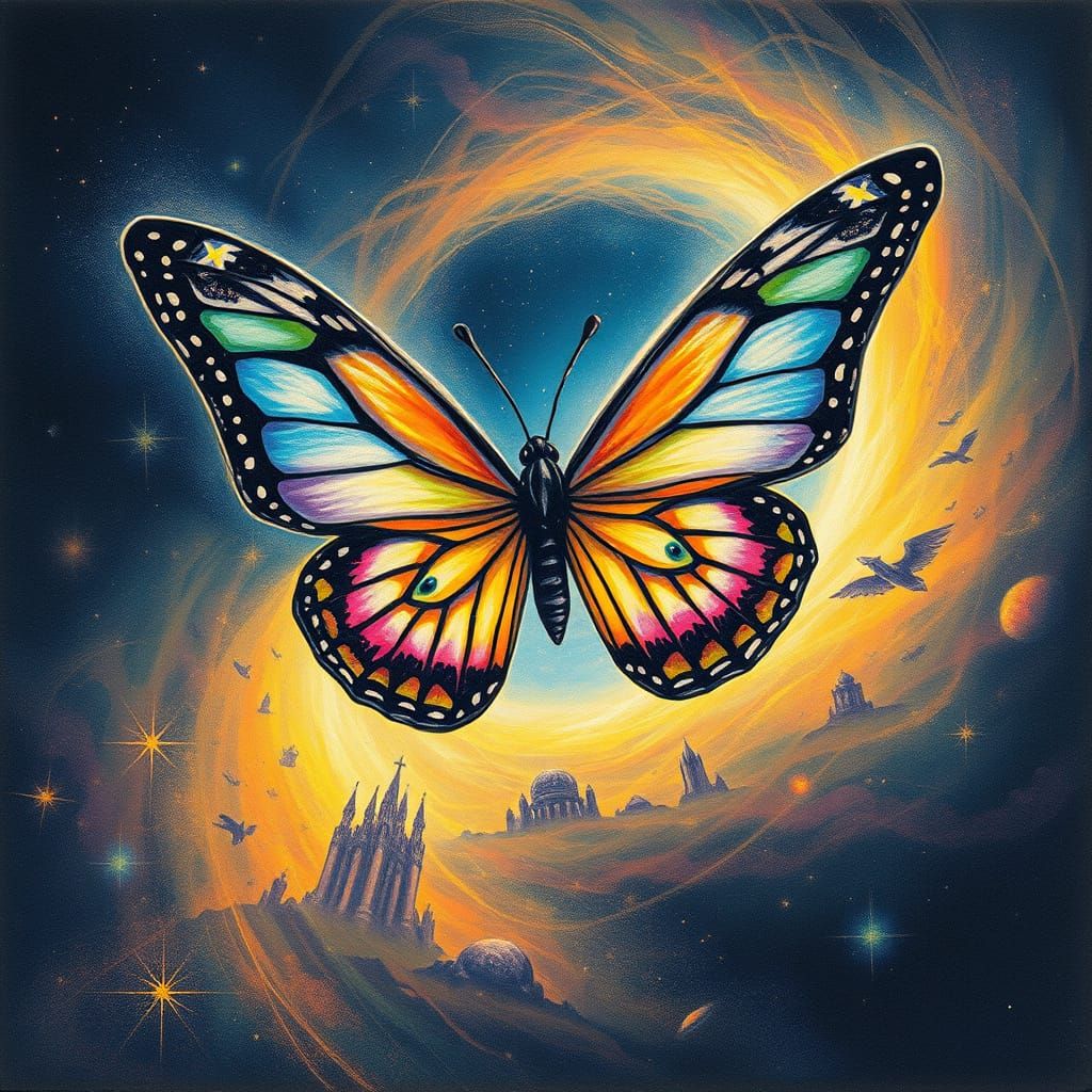 Giant Iridescent Butterfly Emerging from Cosmic Vortex