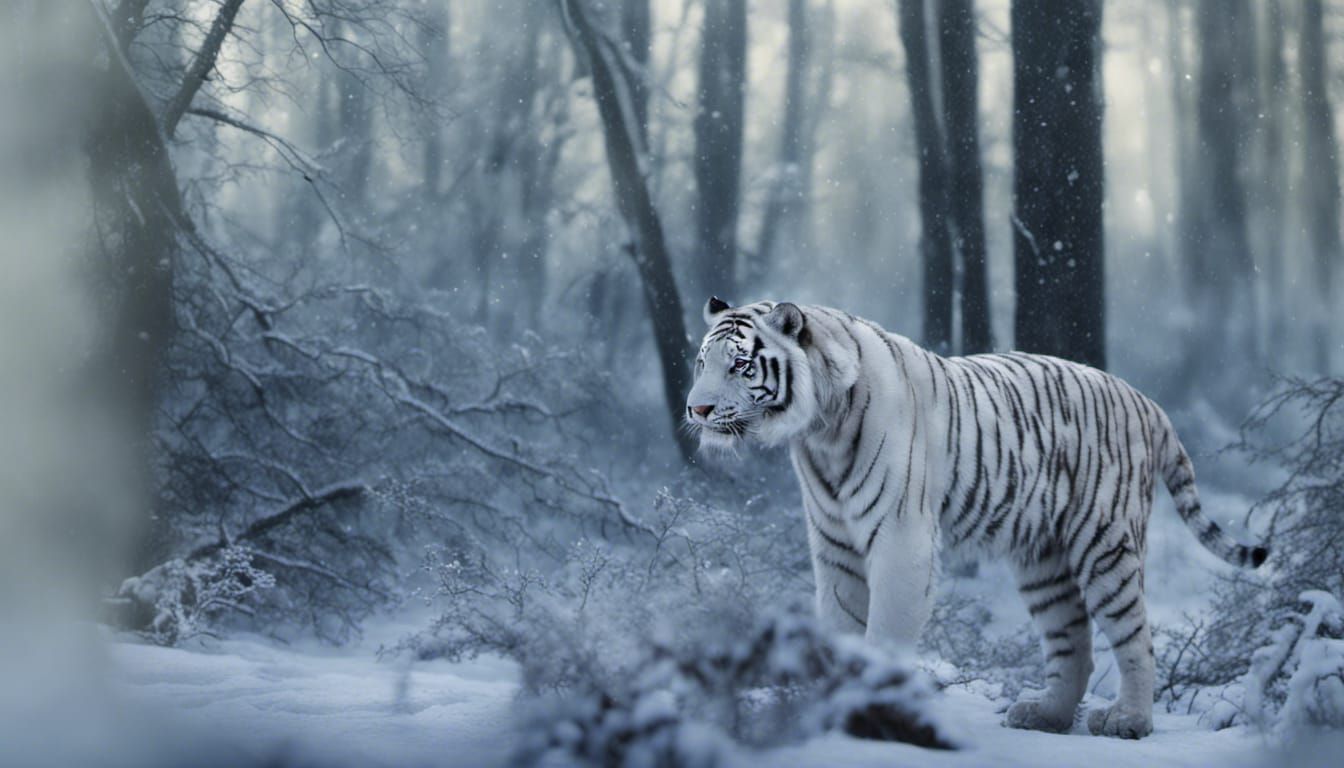 Majestic White Siberian Tiger in Arctic Forest Photography