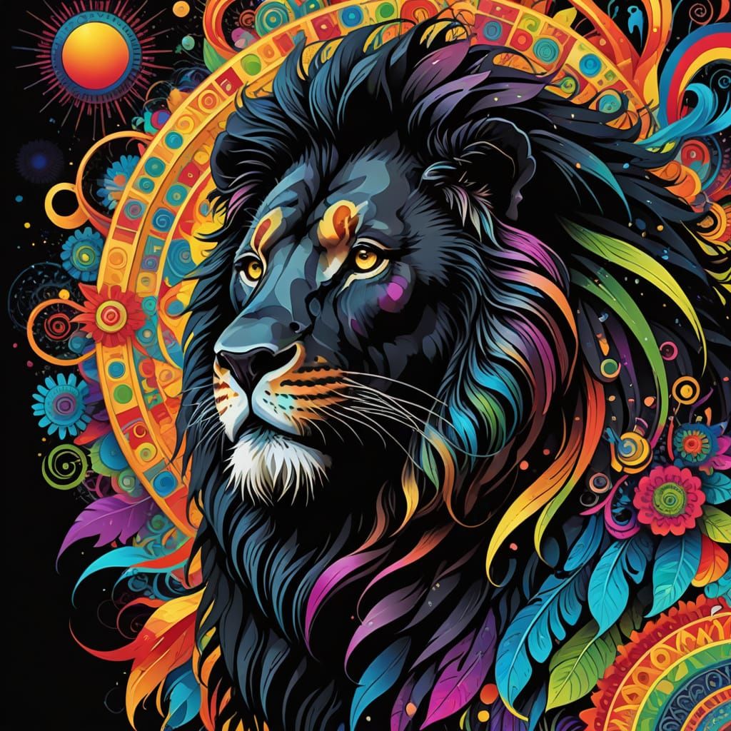 Rainbow Maned Lion in Surreal Digital Art