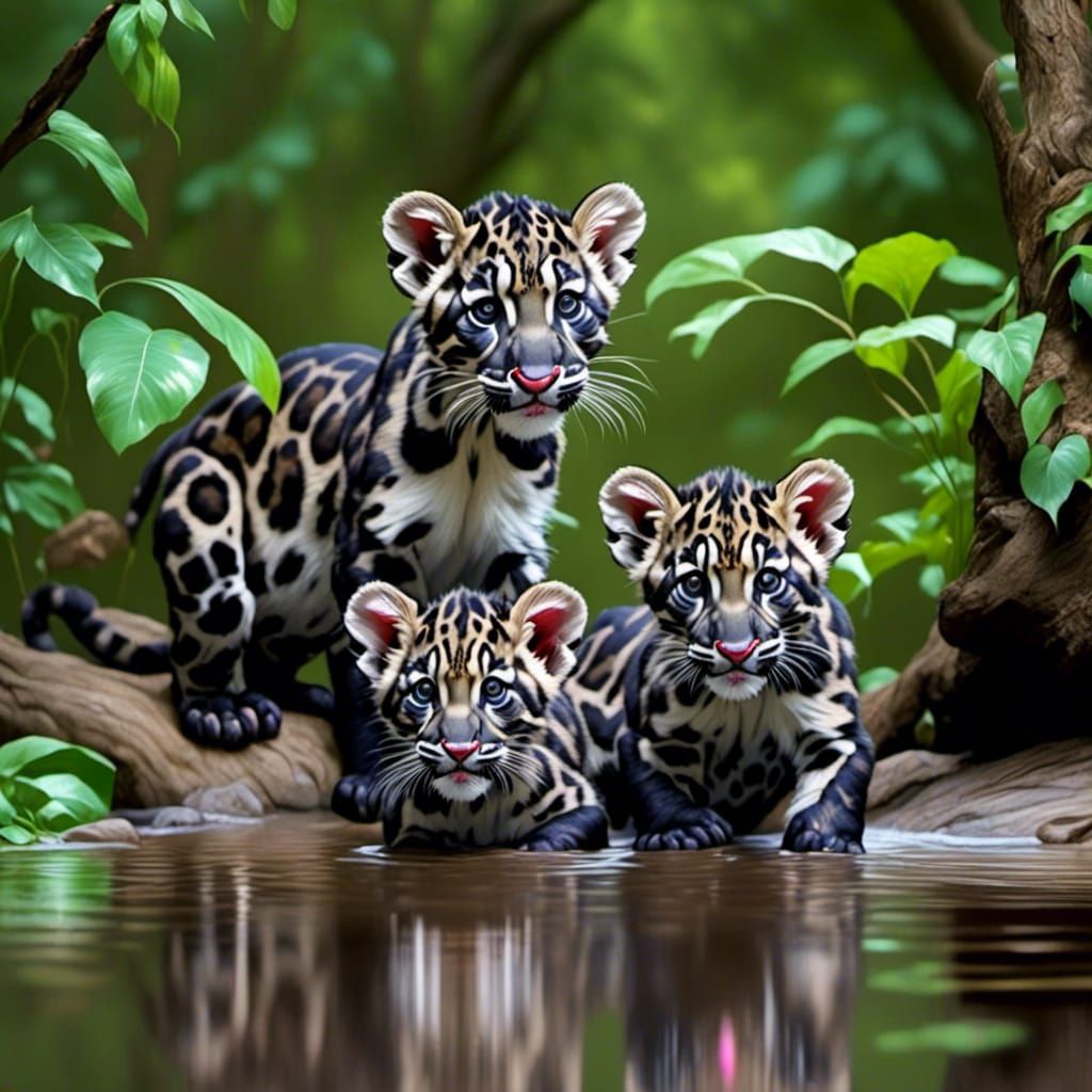 Clouded Leopard Cubs Playing in Stream