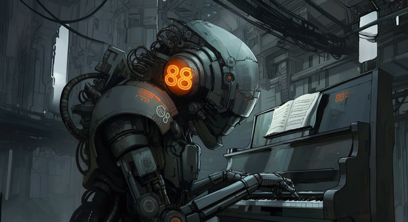 Cyberpunk Robot Plays Piano in a Futuristic Cityscape