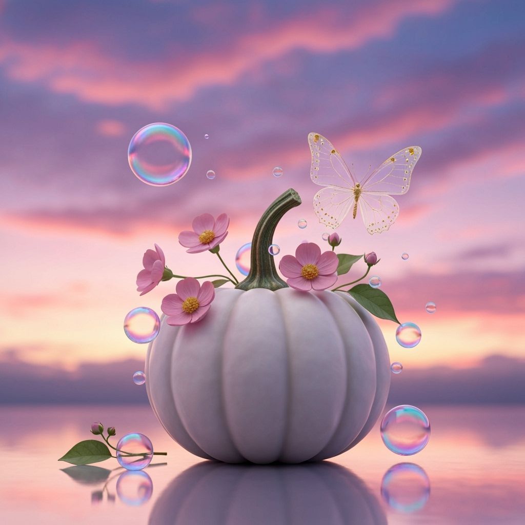 Dreamy White Pumpkin with Butterfly and Sunset