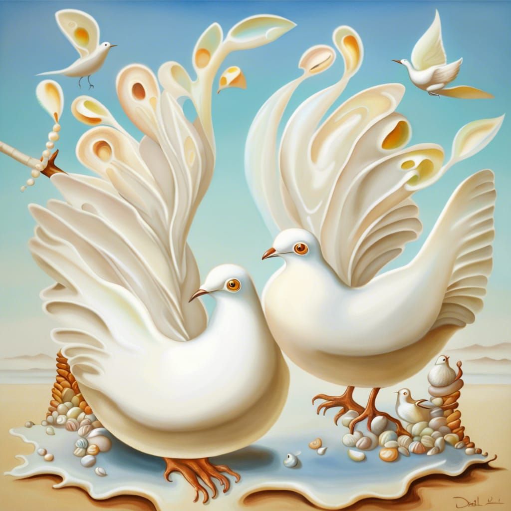 Opalescent Seashell Doves in Surrealist Oil Painting