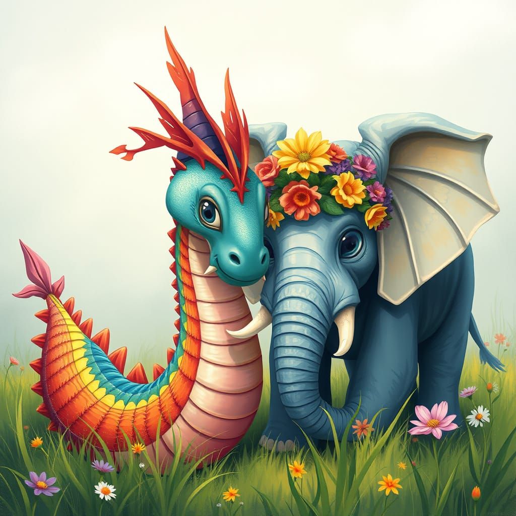 Rainbow Dragon and Elephant in Dreamy Meadow