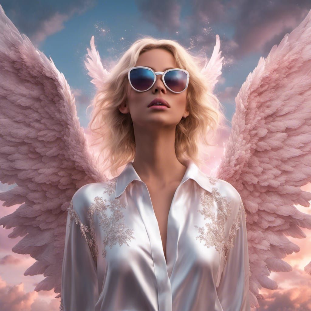 Blonde Angel in White Silk Pajamas with Wings