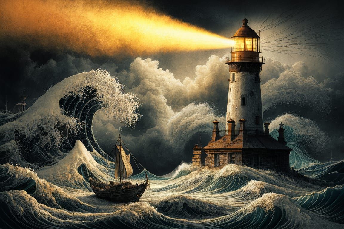 Lighthouse Illuminates Boat in Pointillist Seascape