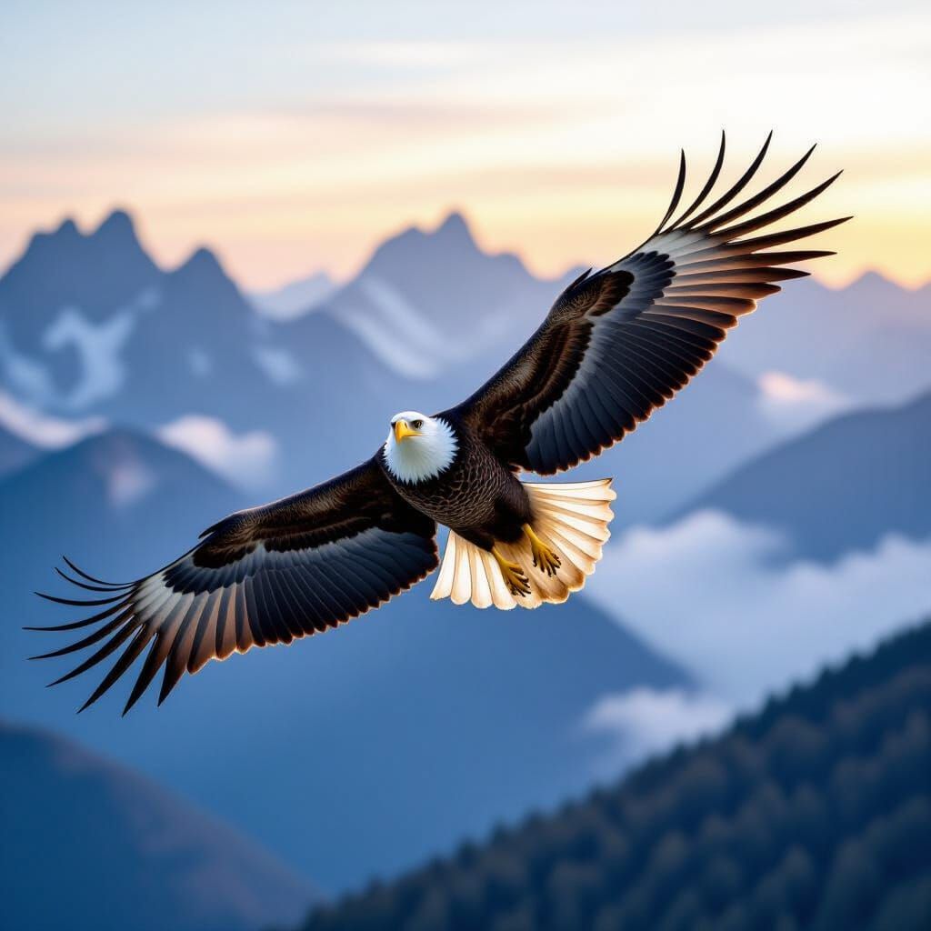 Bald Eagle Soaring Through Misty Mountains at Dawn