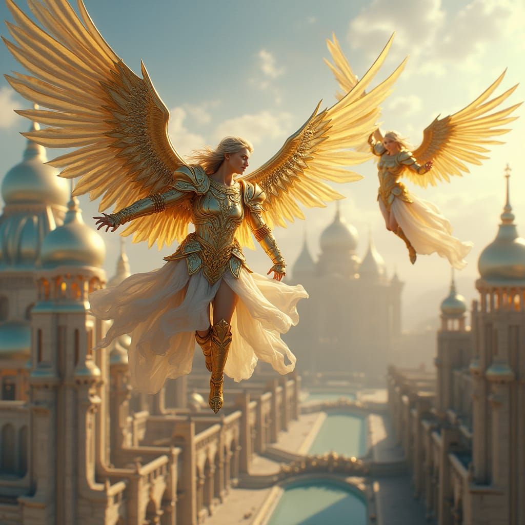 Golden Angels Soar Over Heavenly City in Vibrant, Sun-Kissed...