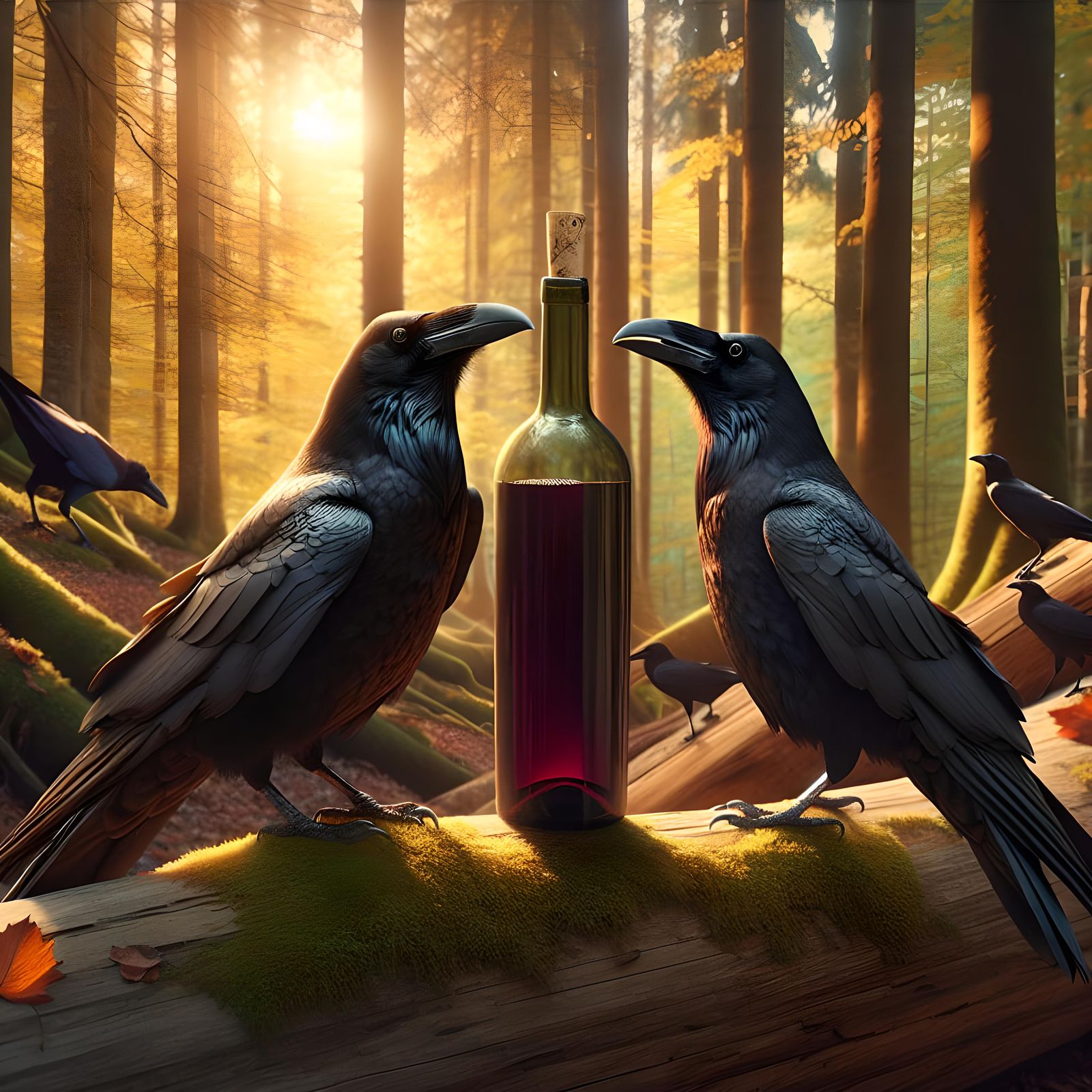 Ravens Share Wine in Woods, Photorealistic Image