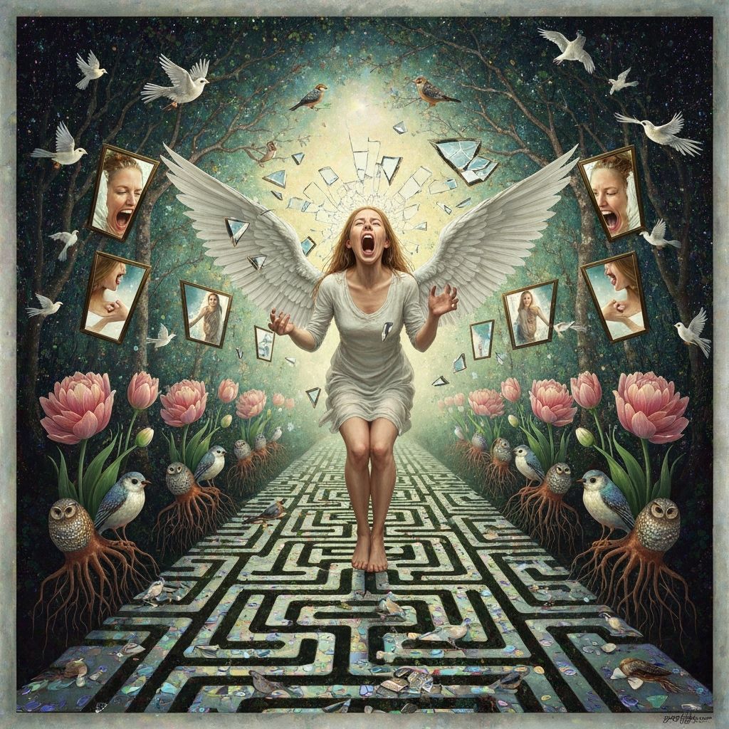 Angel of Memories Amidst Shattered Mirrors in Labyrinth