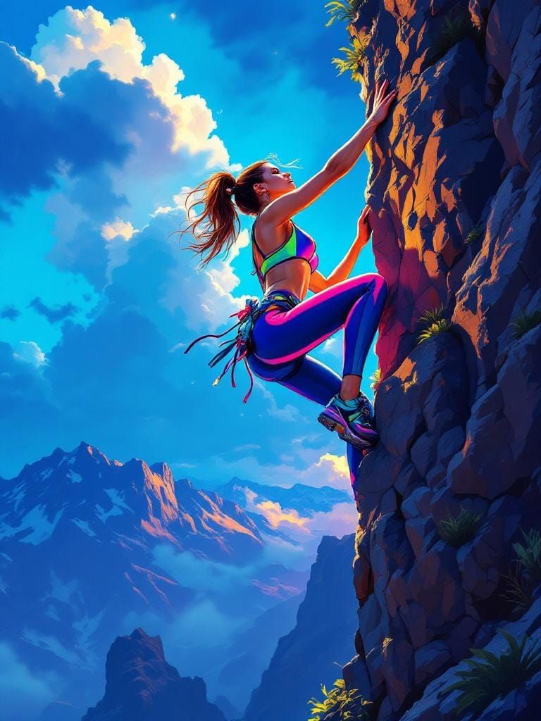 Woman Climbing Cliff Face in Adam Hughes Style