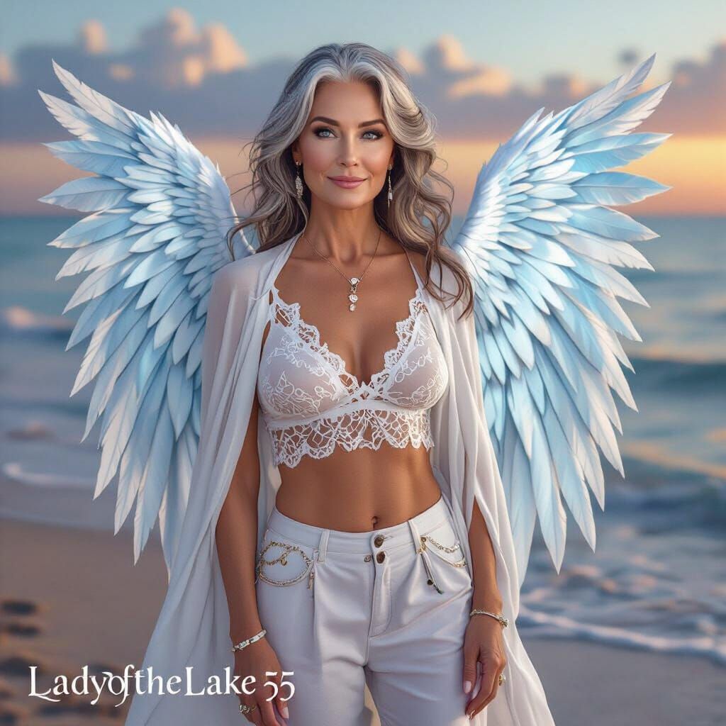 Woman with Angel Wings on Beach at Sunset