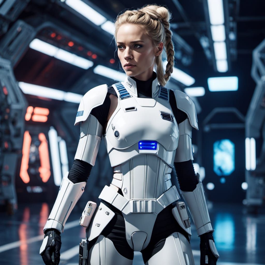 Fierce Woman in Stormtrooper Armor Inspects Spaceport