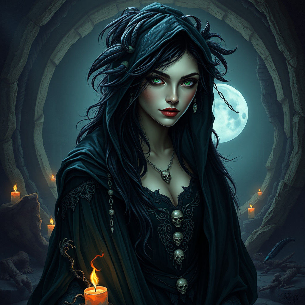 Eerie Necromancer in Gothic Fantasy Sanctum