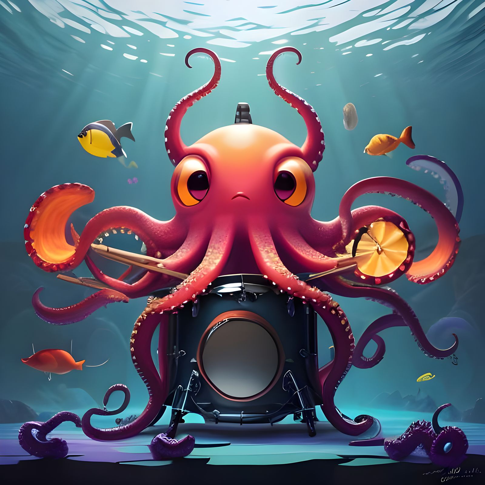 Octopus Drummer in Pixar Style 3D Render