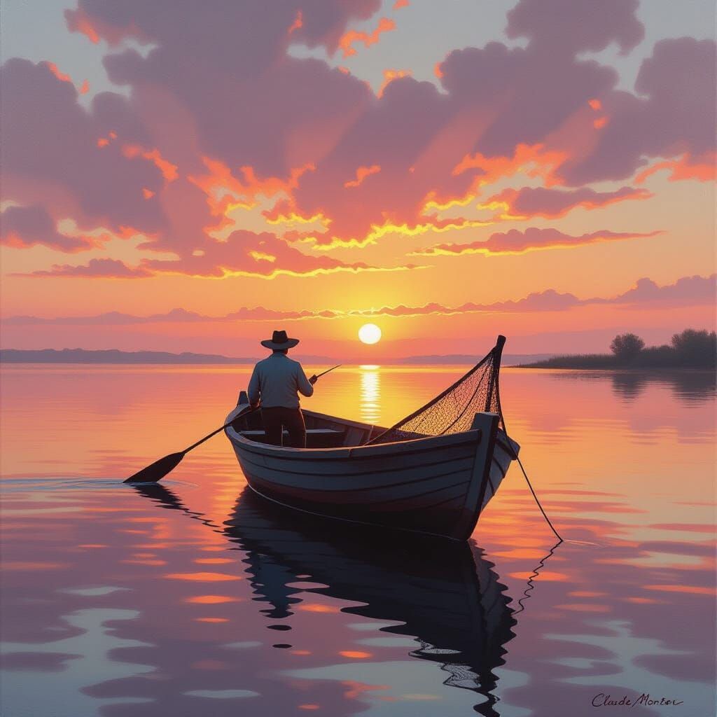 Fisherman's Sunrise Serenity in Realistic Oil Painting