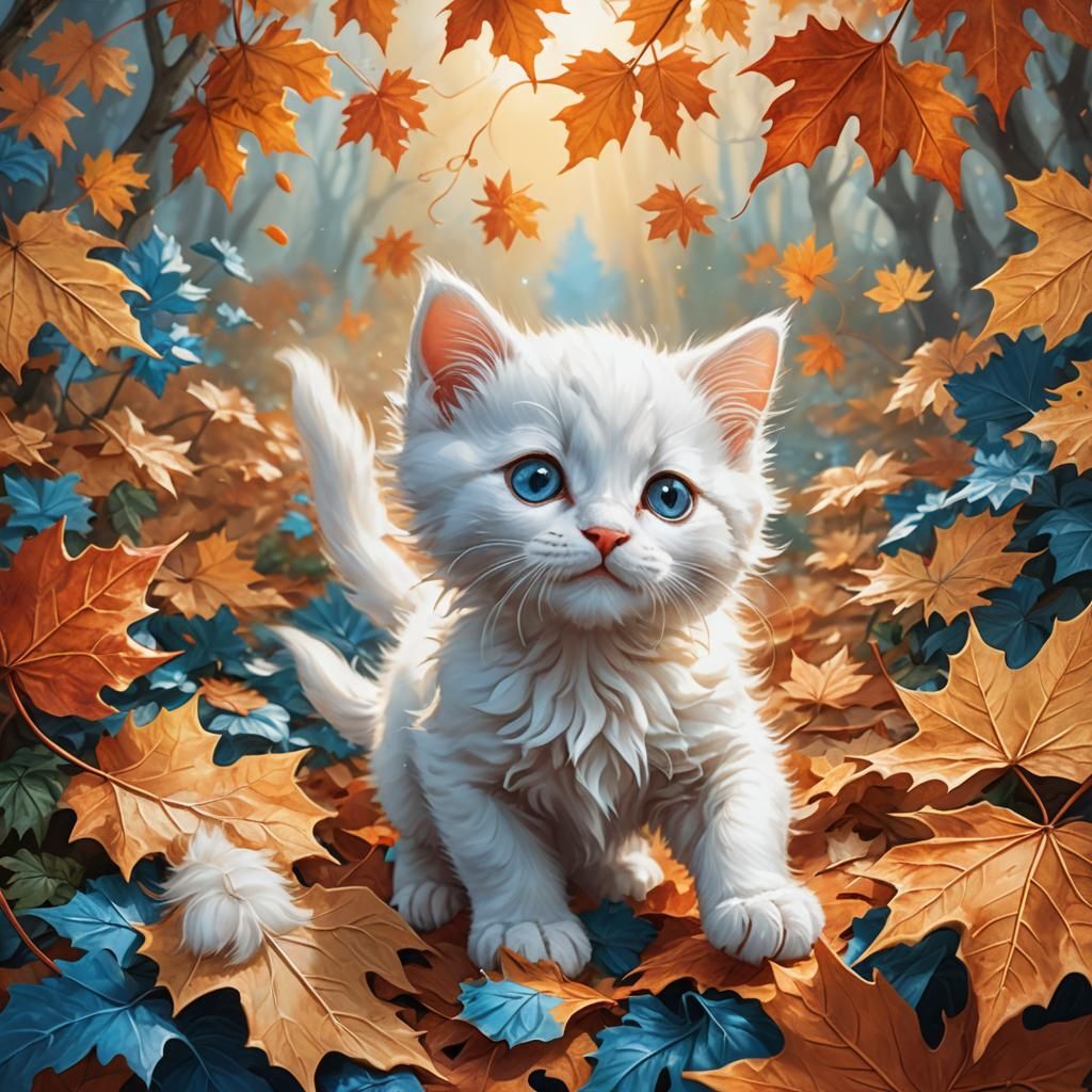 Cute Kitten Pouncing on Autumn Leaf: Fantasy Art