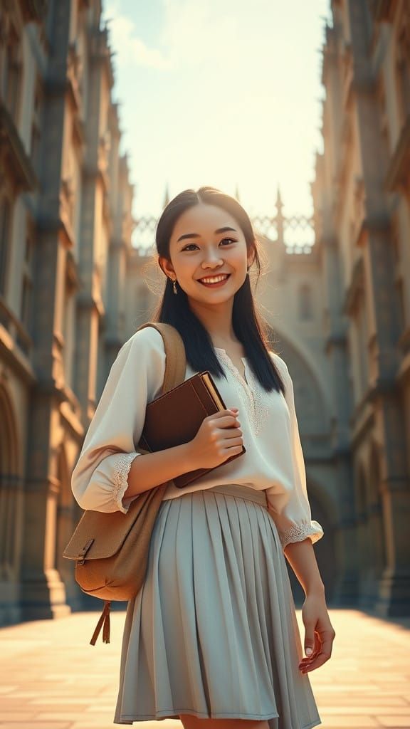 Young Asian Student in Front of Historic University Building