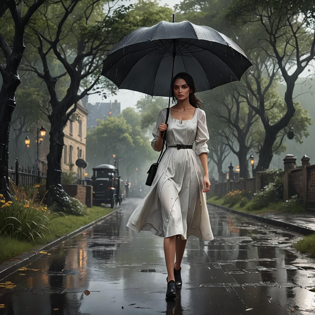 Girl in White Dress Walking in Rainy Landscape