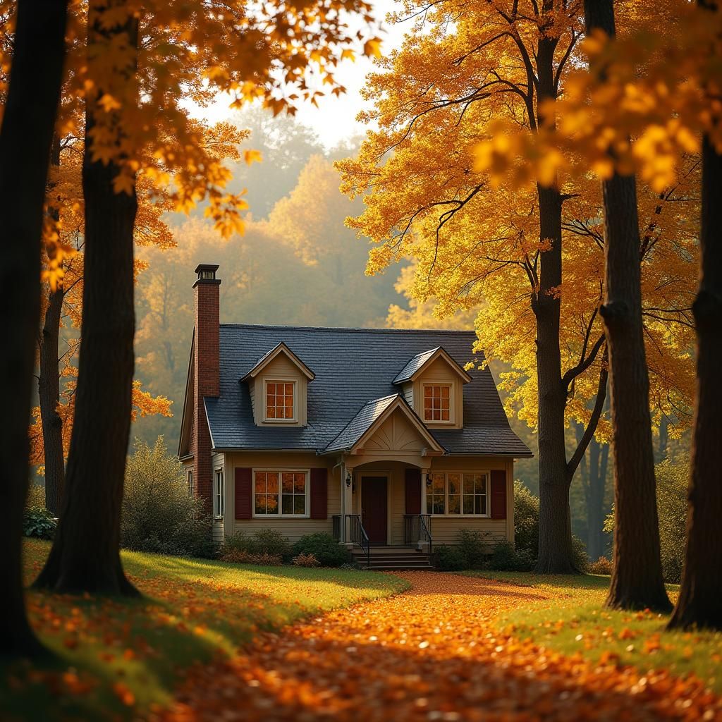 Warm House Surrounded by Autumn Trees in Photorealistic Styl...