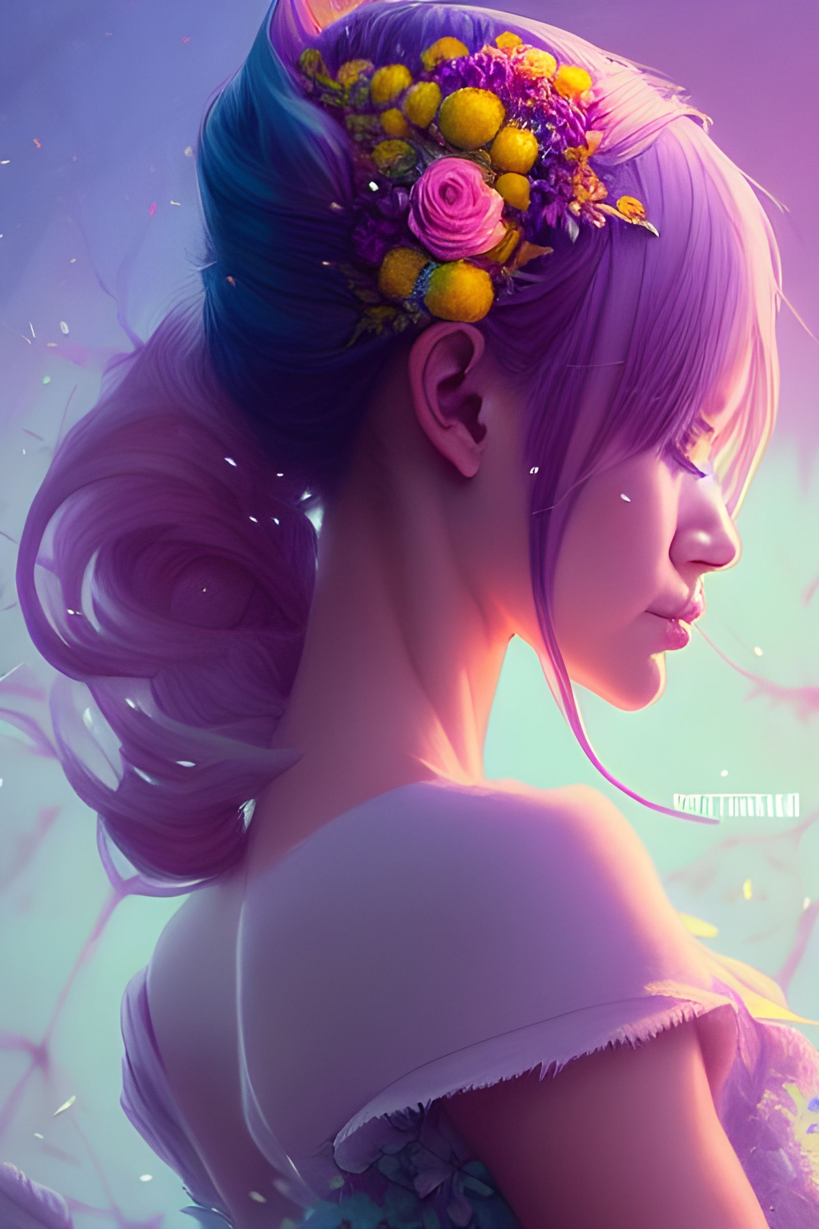 Beautiful Retro Princess Surrounded by Colorful Flowers
