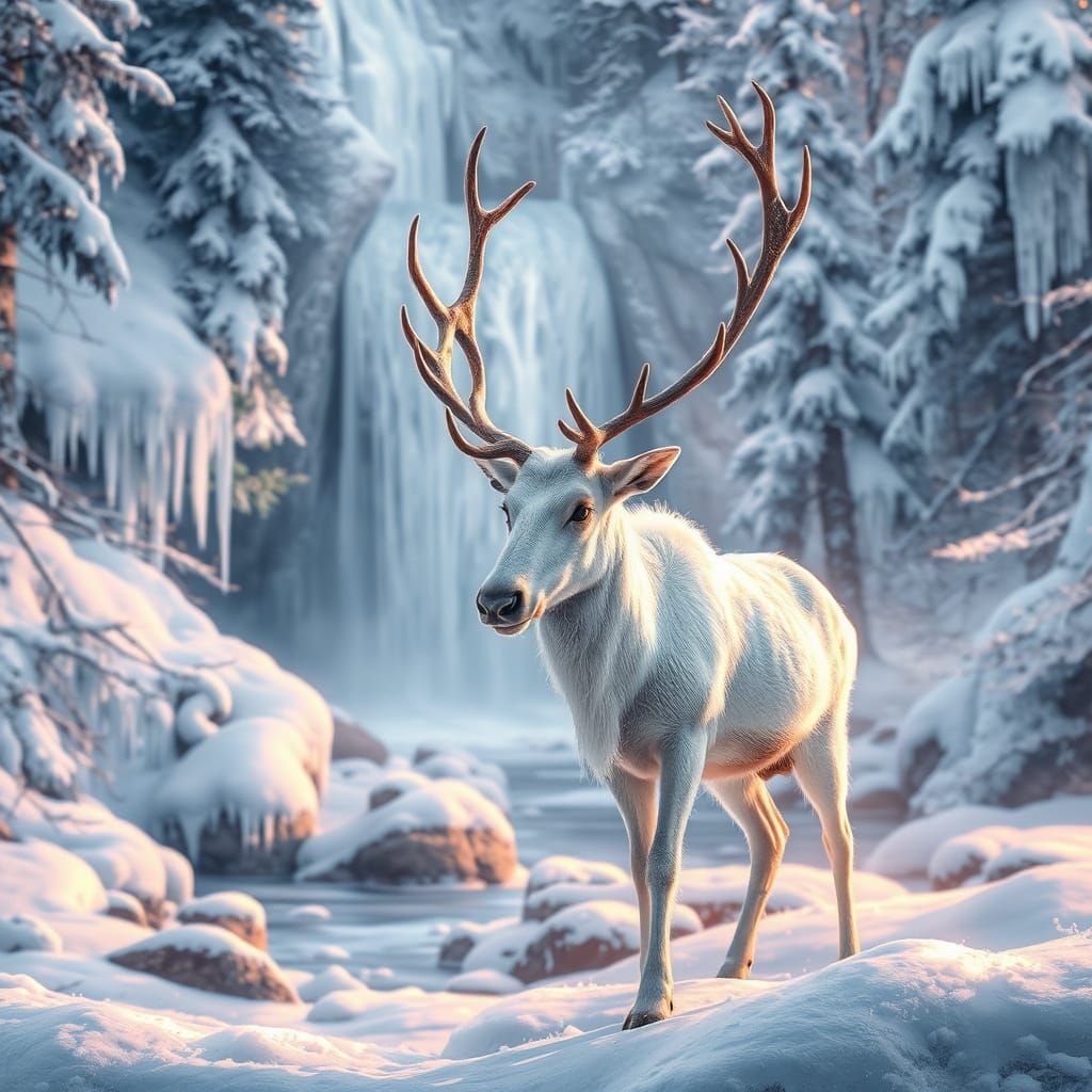 Majestic Reindeer in Snowy Forest, Vibrant Digital Art