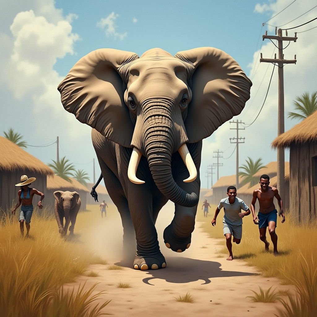Elephant Rampage in Rural Village: Hyperrealistic Painting