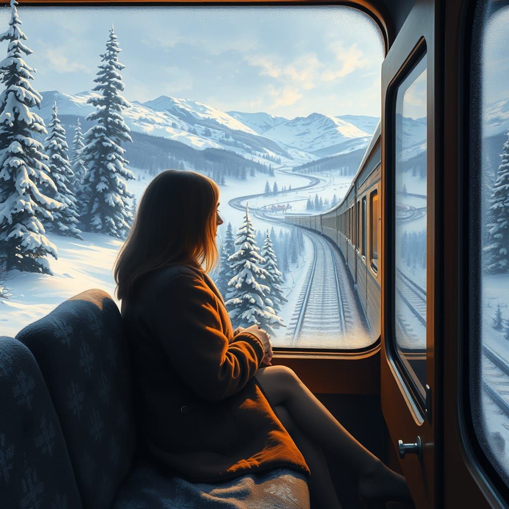 Cozy Winter Train Ride Through Snowy Landscape
