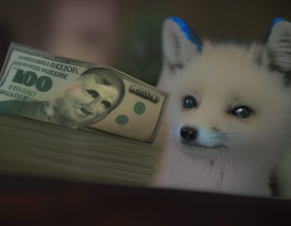 Blue Fox Guarding Pile of Cash