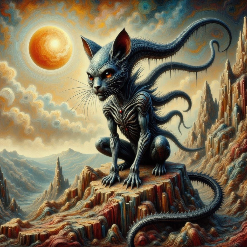 Alien Cat on Rocky Planet in Impasto Style