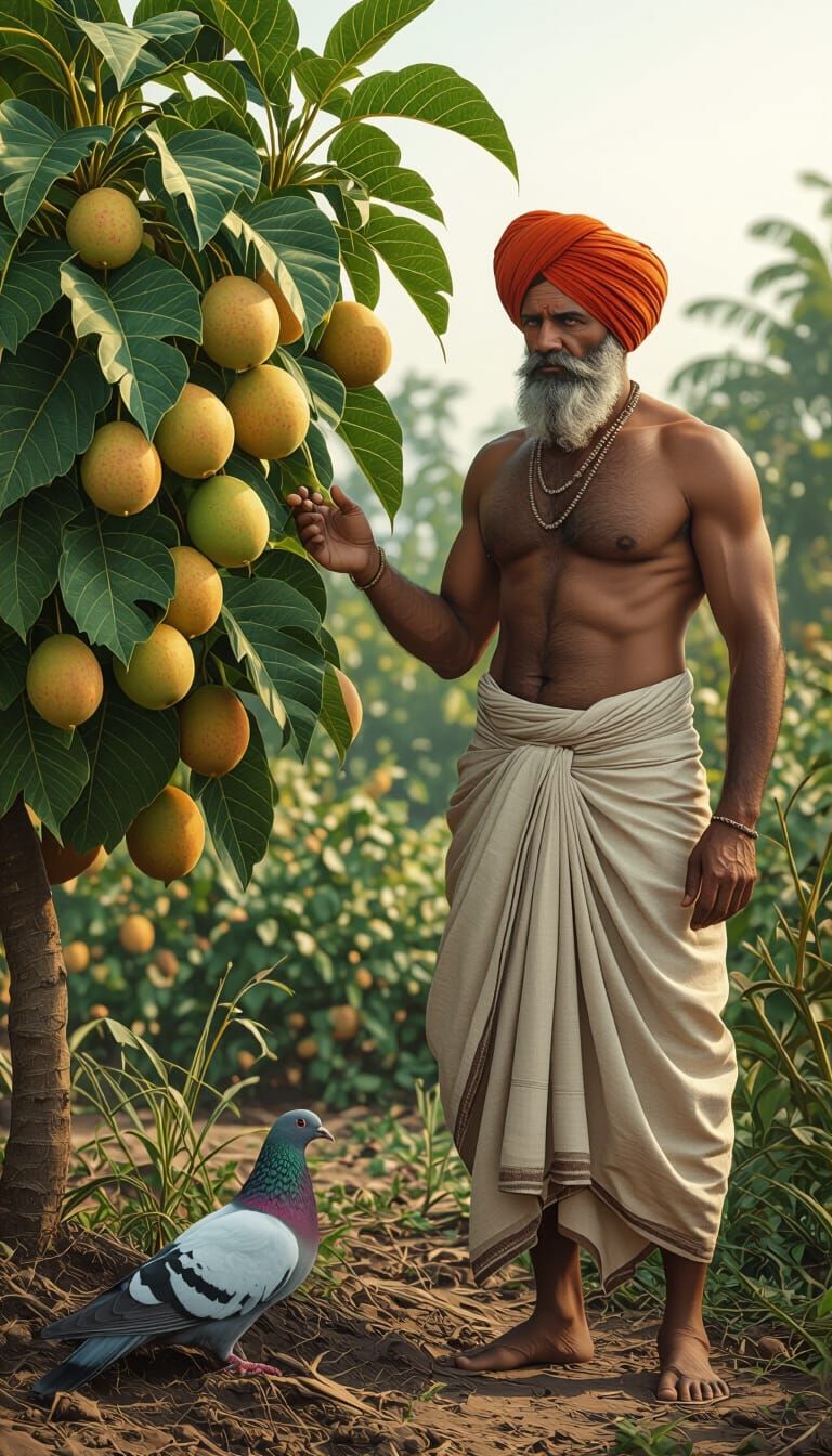 Muscular Farmer with Pigeon by Revived Papaya Tree
