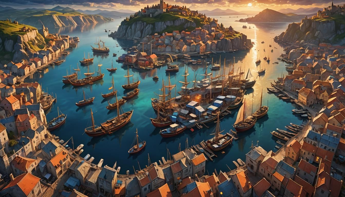 Fantasy Harbor at Sunset in Eldritch Splash Art