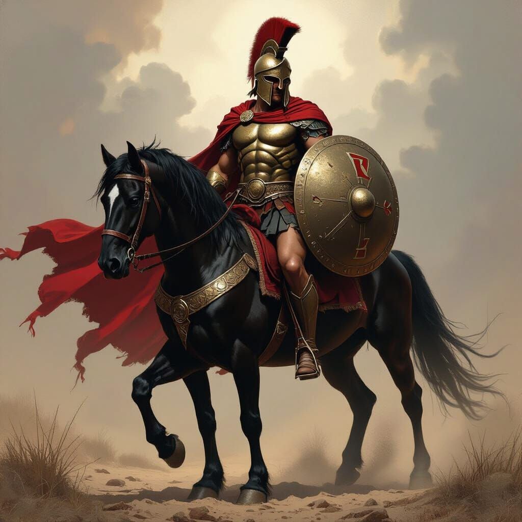 Spartan Warrior on Black Horse in Comic Book Style