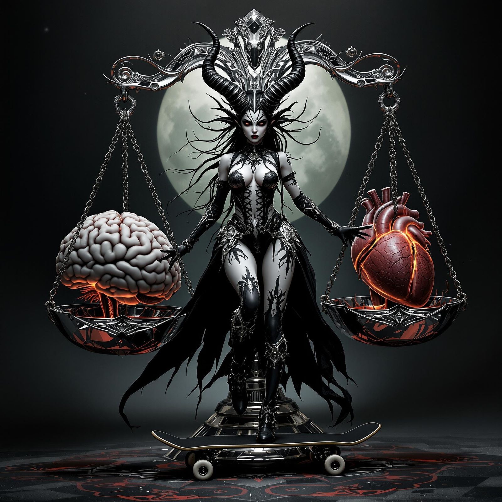 Gothic Demon Rides Skateboard on Chrome Scale