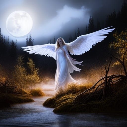 Angel with Black Wings in Dark Forest, Fantasy Art