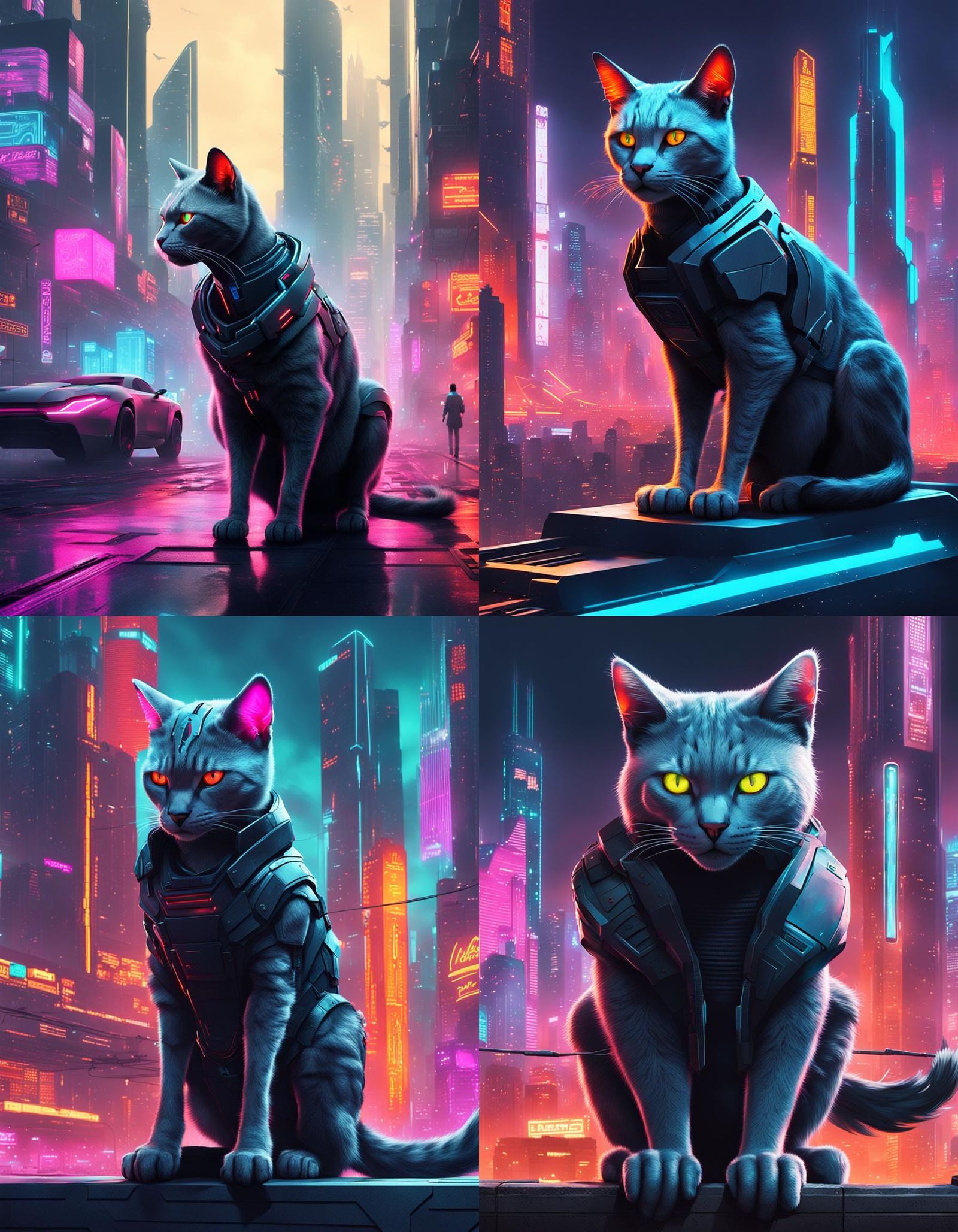 A gray colored Cyber Cat in a futuristic city