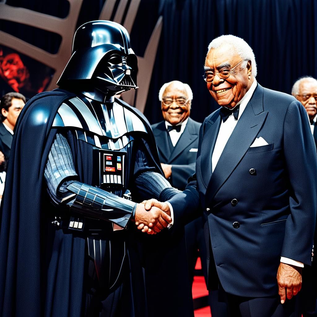 Darth Vader shaking hands with James Earl Jones