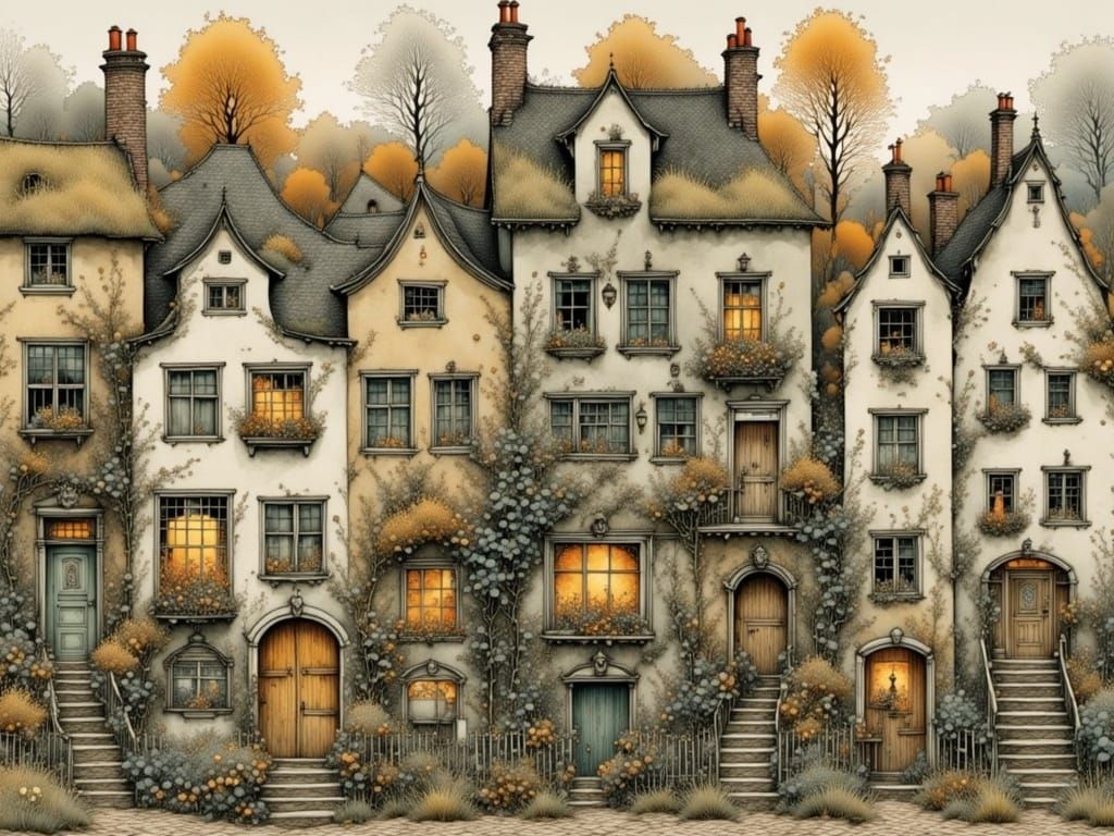 Whimsical Dutch Houses in Warm Evening Light