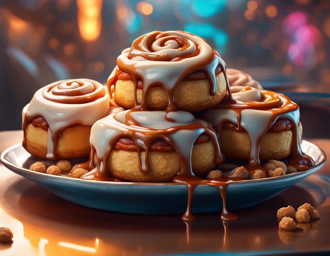 Hyperrealistic Cinnabons with Peanuts and Caramel in Splash ...