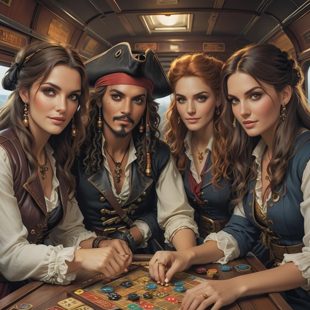 Friends Play Boardgame on Train with Pirate