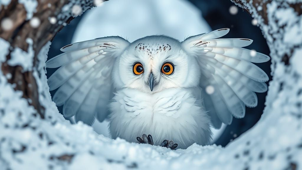 Cute Fluffy Baby Owl in Snowy Tree Hollow