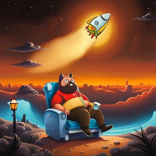 fat hipster in a rocket chair takes his cat to taco planet IV