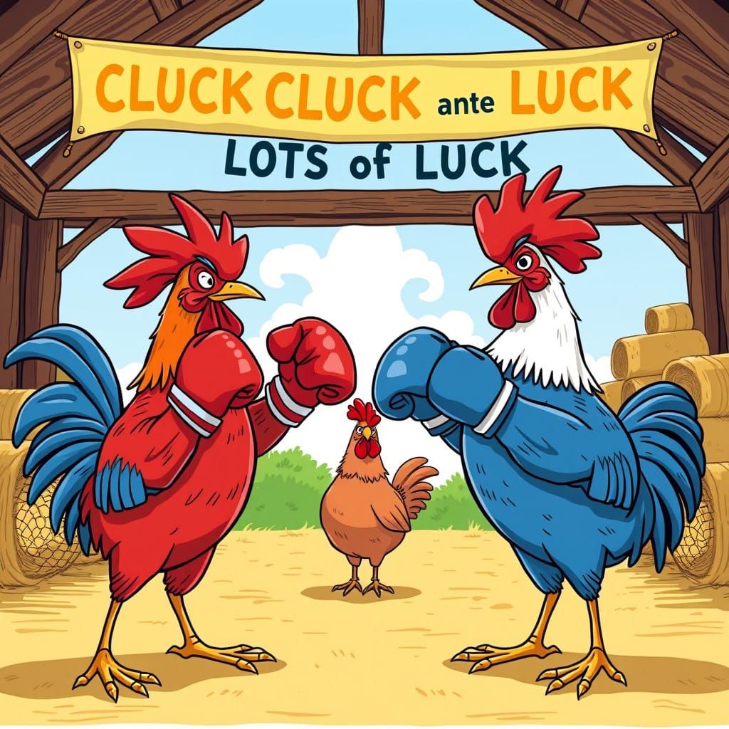 Vibrant Roosters Face Off in Whimsical Barnyard Boxing Match